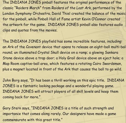 Indiana Jones Pinball Machine Narative